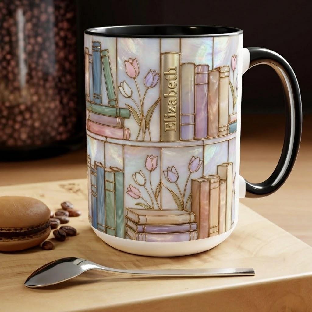 Personalized Stained-Glass Style Floral Bookshelf Mug, Book Lover Gift, 2D Flat Bookish Mug - image 5