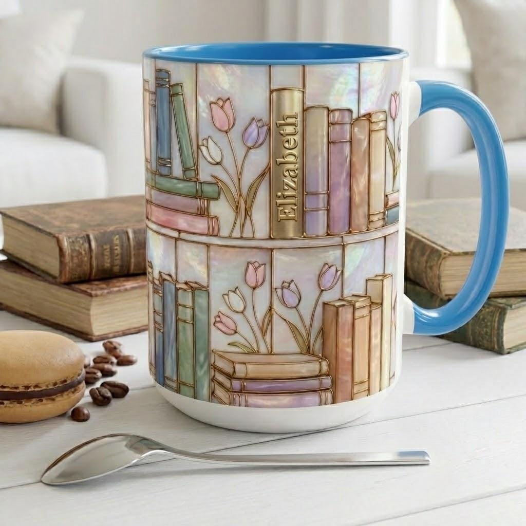 Personalized Stained-Glass Style Floral Bookshelf Mug, Book Lover Gift, 2D Flat Bookish Mug - image 2
