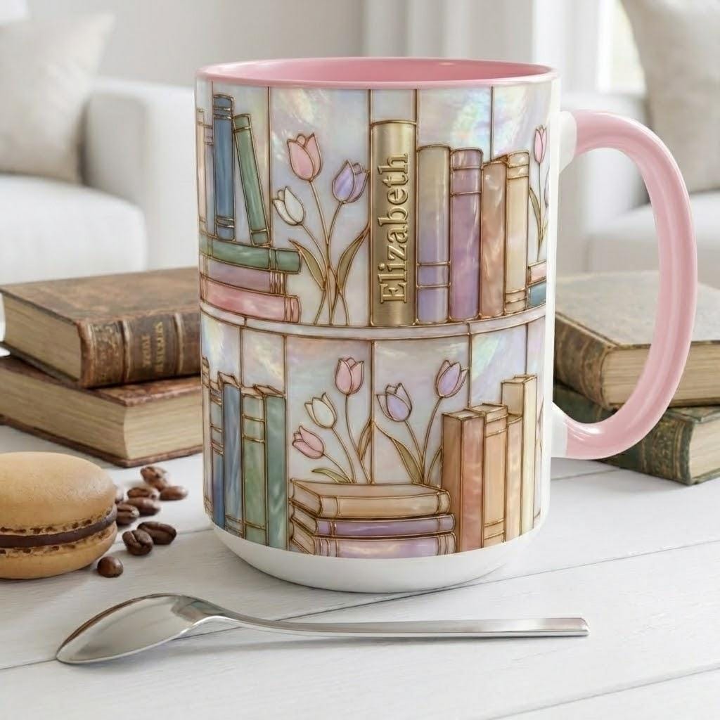 Personalized Stained-Glass Style Floral Bookshelf Mug, Book Lover Gift, 2D Flat Bookish Mug - image 4