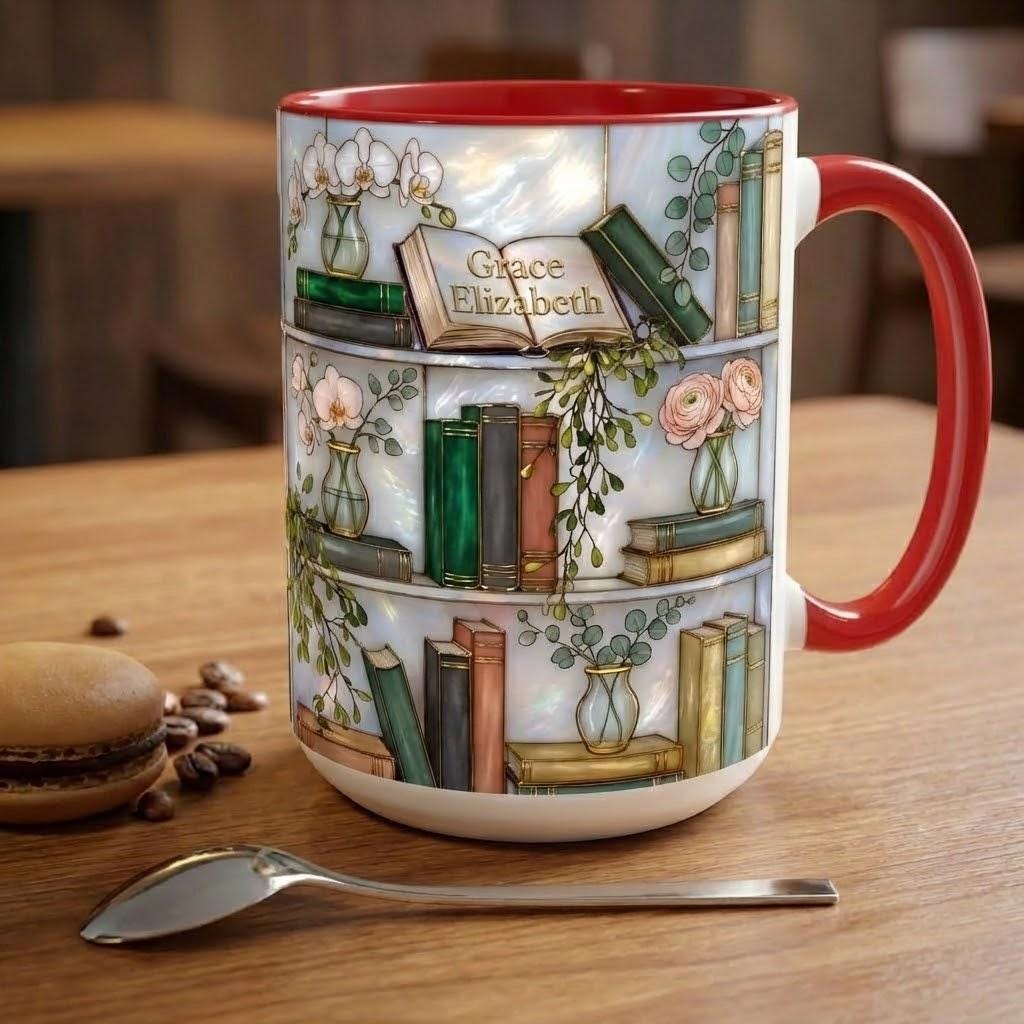 Personalized Stained-Glass Style Floral Bookshelf Mug, 2D Flat Book Lover Gift, Bookish Mug - image 2