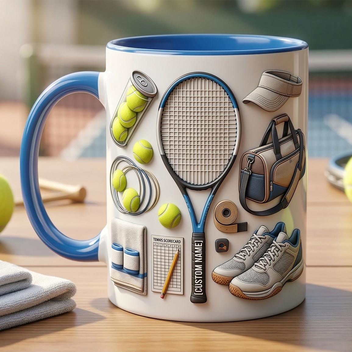 Custom Name Tennis Accent Mug, Tennis Coffee Cup, Gift For Tennis Lover, Faux 3D Effect