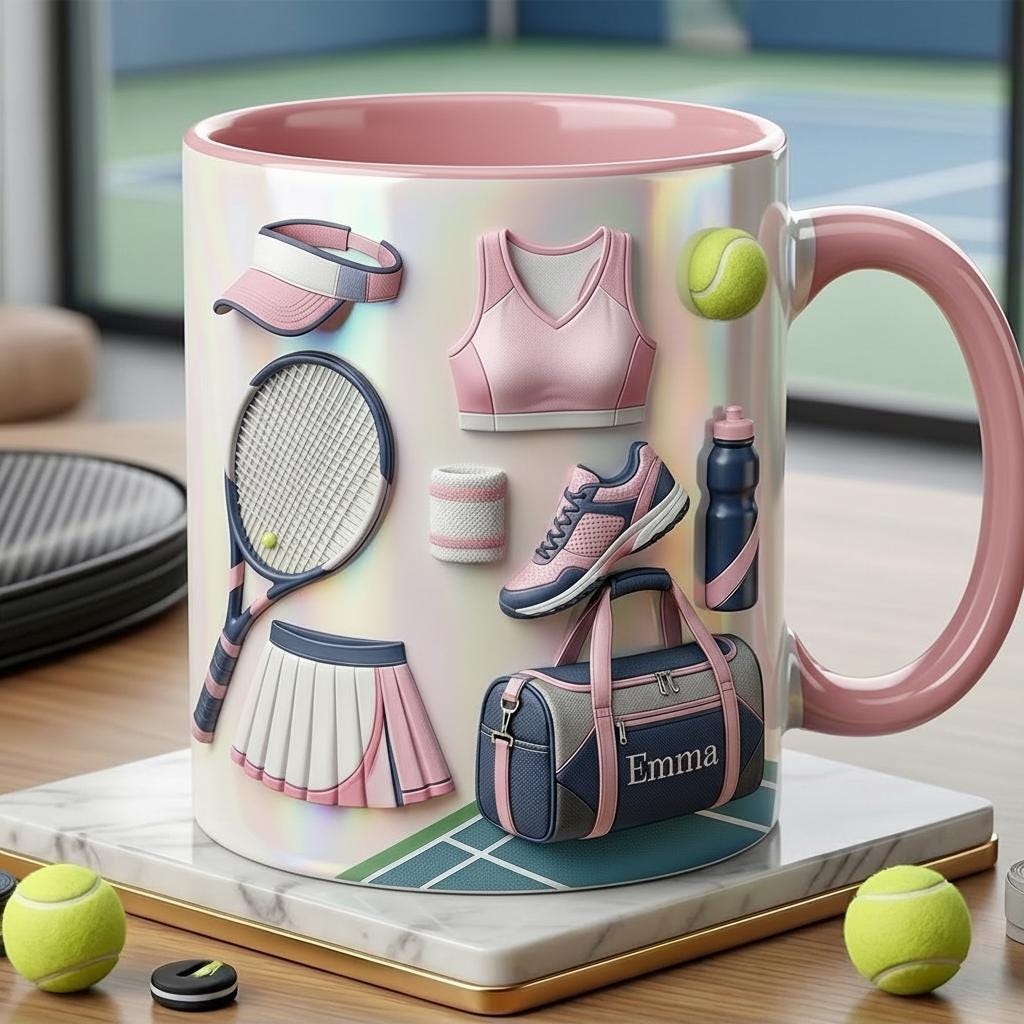 Custom Name Tennis Faux 3D Effect Accent Mug, Tennis Coffee Cup, Gift For Tennis Lover