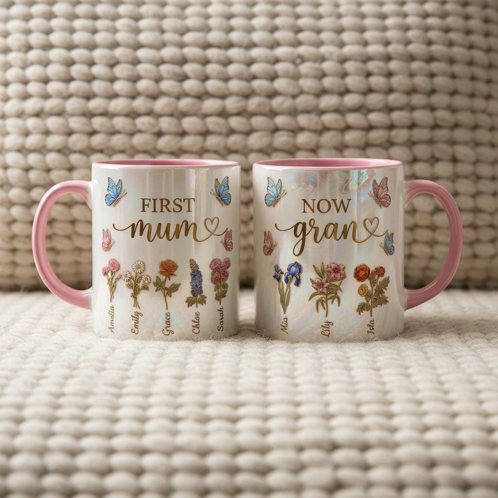 First Mom Now Gran Mug, Personalized Gifts for Mom, Birth Flower Gifts from Daughter, Mother's Day Accent Mug