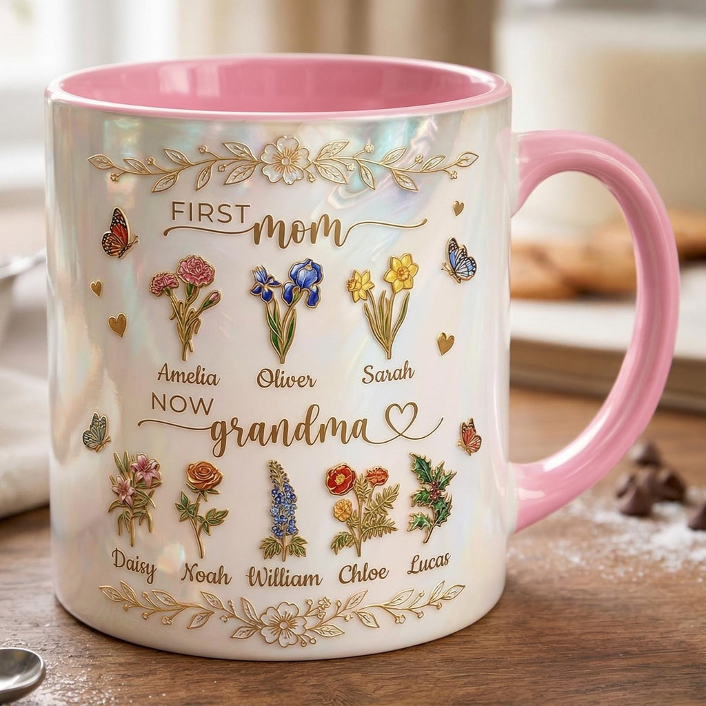 First Mom Now Grandma Cup, Personalized Gifts for Mom, Birth Flower Gifts from Daughter, Mother's Day Accent Mug