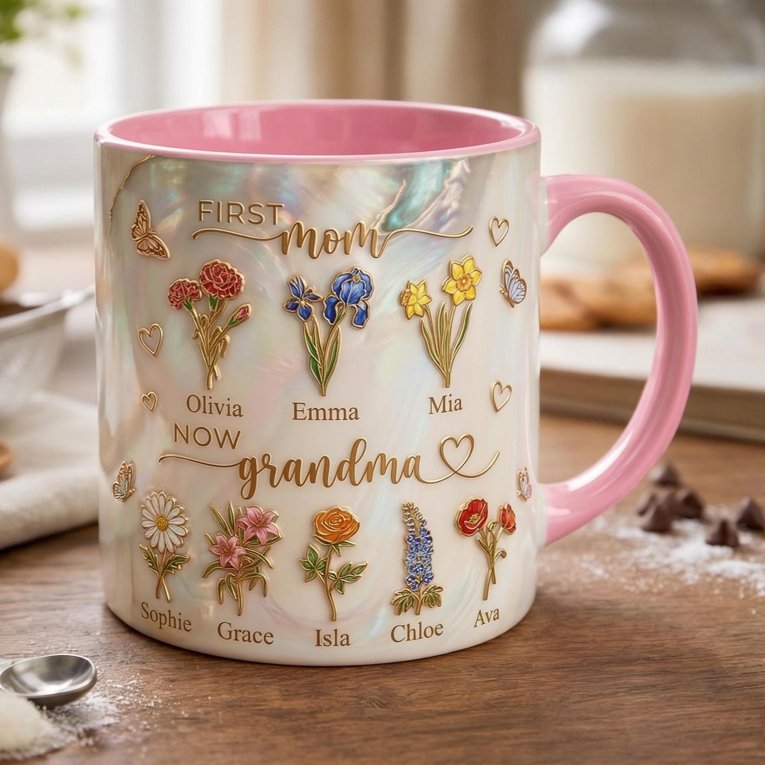 First Mom Now Grandma Cup, Personalized Gifts for Mom, Birth Flower Gifts from Daughter, Mother's Day Accent Mug