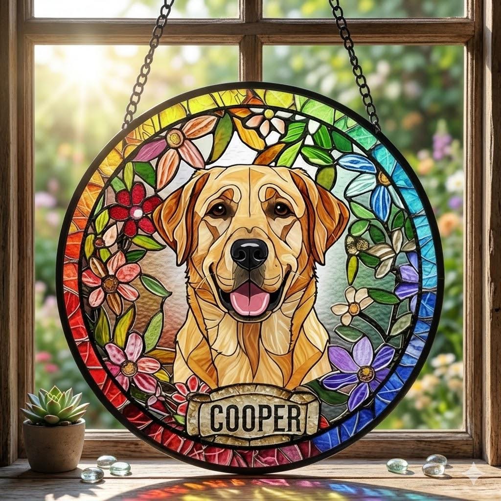 Personalized Labrador Retriever Stained Glass Suncatcher, Custom Pet Photo Gift, Dog Cat Remembrance Keepsake, Rainbow Bridge Window Decor
