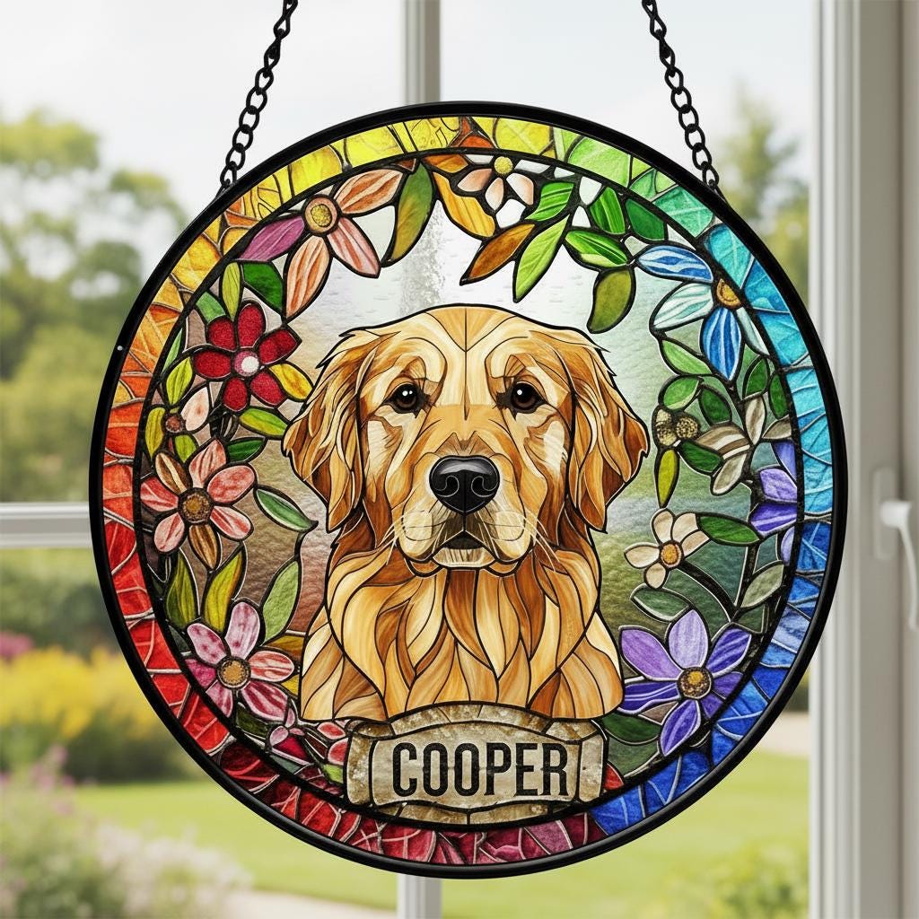 Personalized Golden Retriever dog Stained Glass Suncatcher, Custom Pet Photo Gift, Dog Cat Remembrance Keepsake, Rainbow Bridge Window Decor
