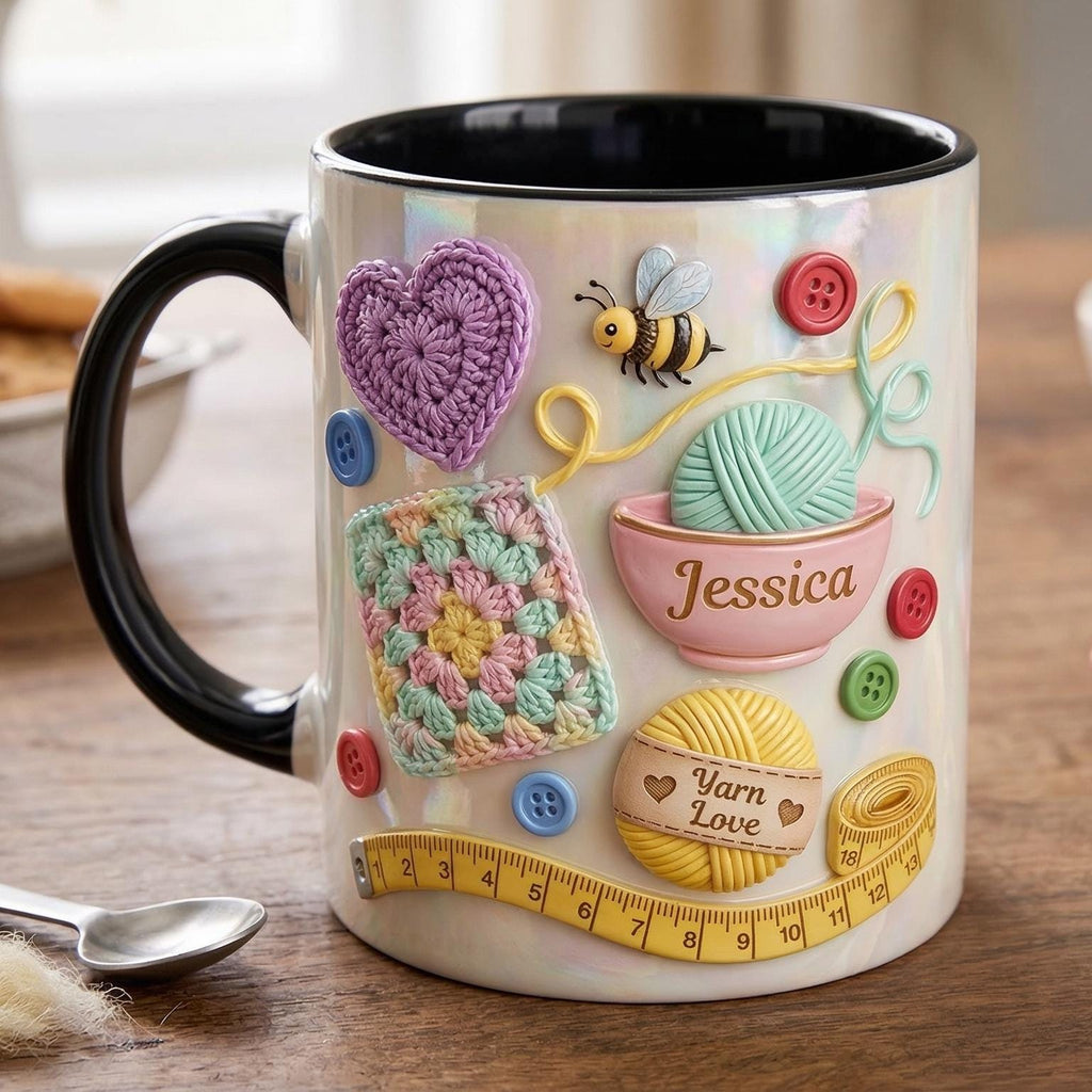 Personalized Crochet Mug, Custom Quilting Knitting Lover Coffee Cup, Mothers Day Gift, Gift for Mom Grandma