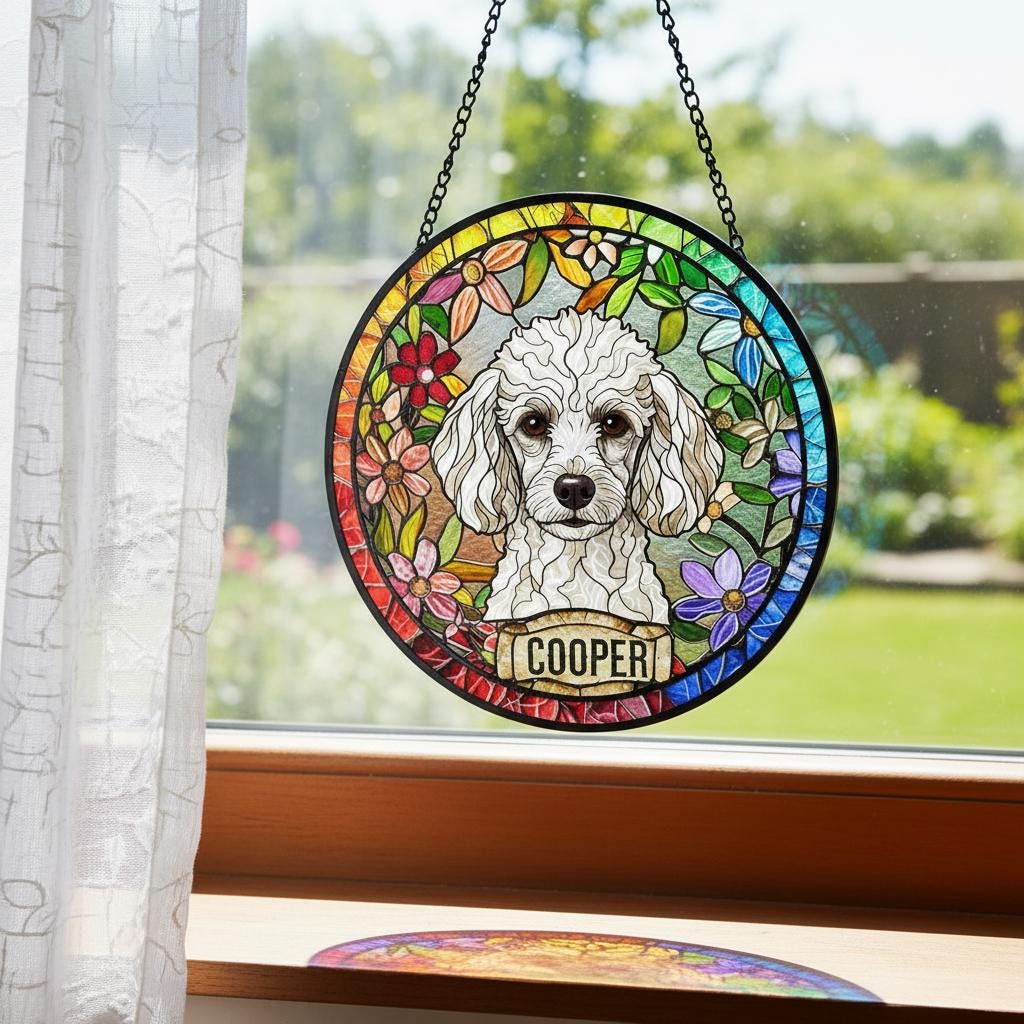 Personalized Poodle dog Stained Glass Suncatcher, Custom Pet Photo Gift, Dog Cat Remembrance Keepsake, Rainbow Bridge Window Decor - image 2