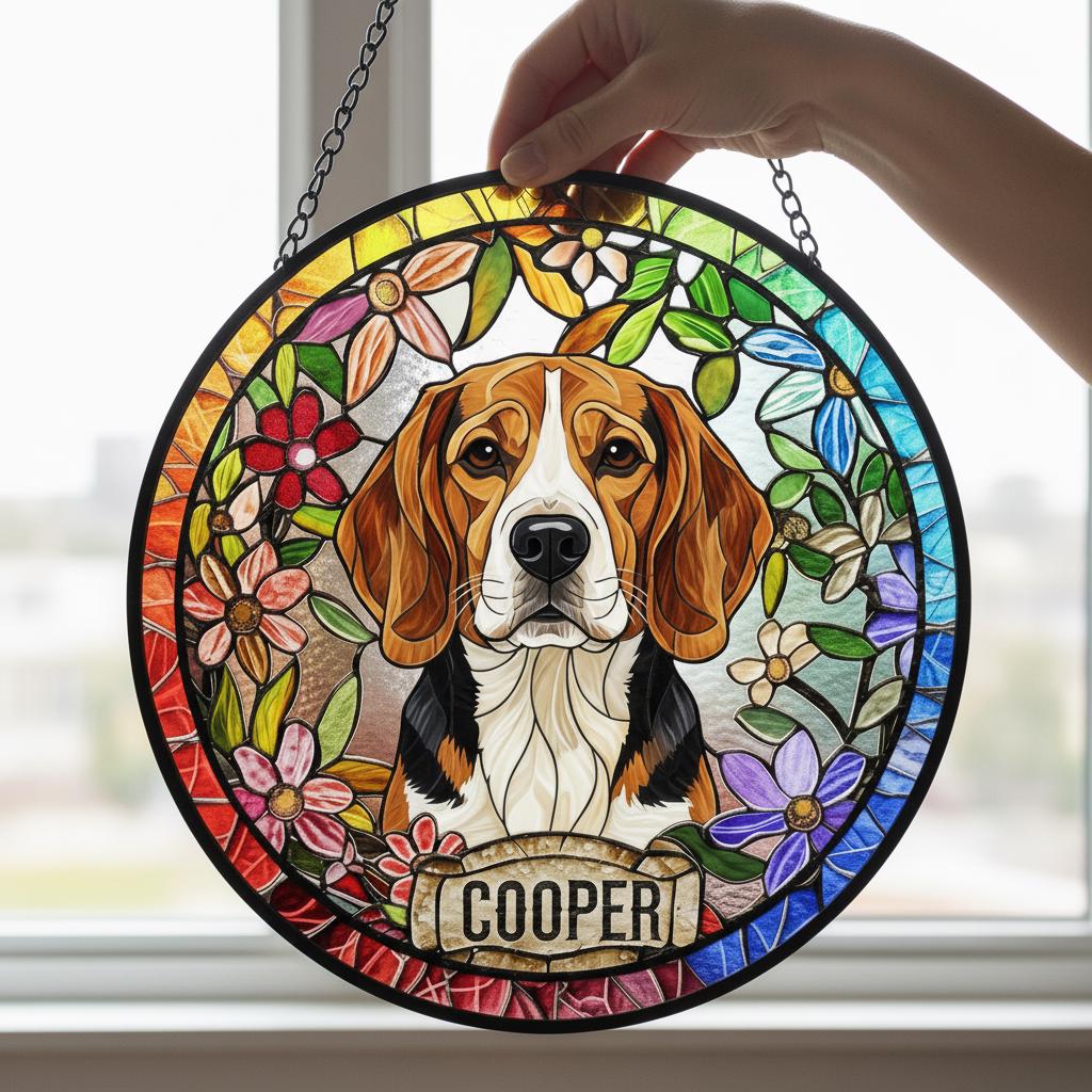 Personalized Beagle  dog Stained Glass Suncatcher, Custom Pet Photo Gift, Dog Cat Remembrance Keepsake, Rainbow Bridge Window Decor - image 2