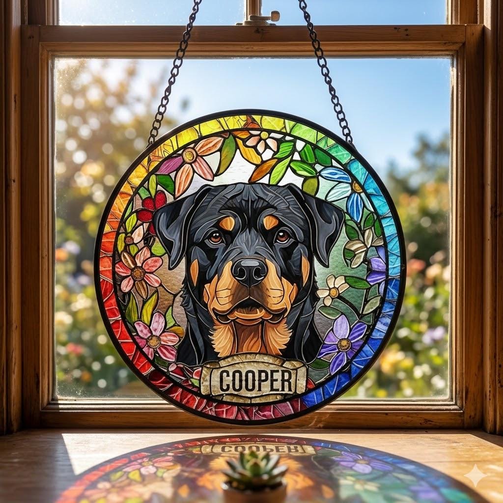 Personalized Rottweiler dog Stained Glass Suncatcher, Custom Pet Photo Gift, Dog Cat Remembrance Keepsake, Rainbow Bridge Window Decor