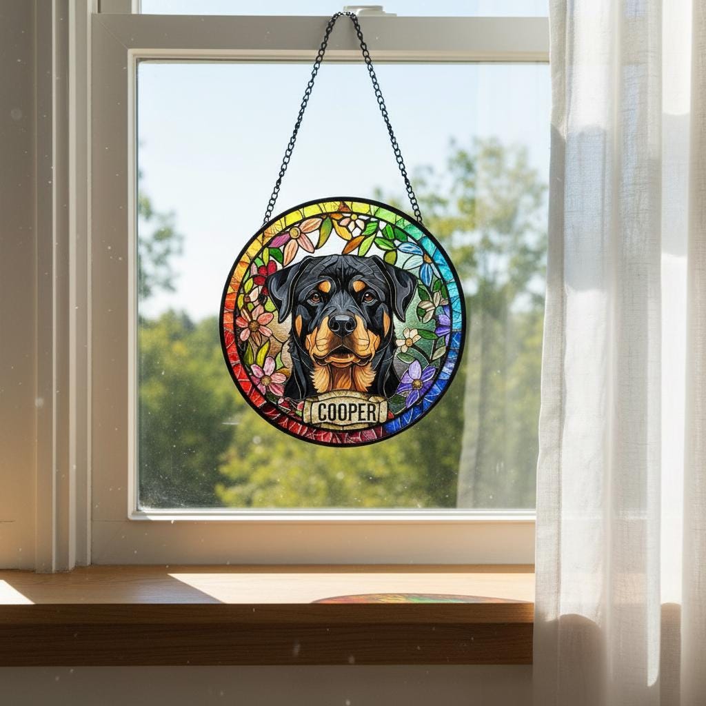 Personalized Rottweiler dog Stained Glass Suncatcher, Custom Pet Photo Gift, Dog Cat Remembrance Keepsake, Rainbow Bridge Window Decor - image 3