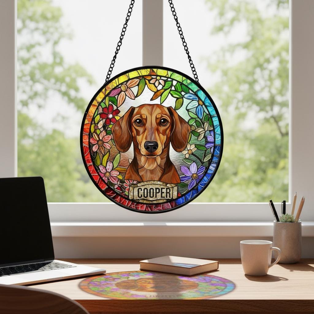 Personalized Dachshund dog Stained Glass Suncatcher, Custom Pet Photo Gift, Dog Cat Remembrance Keepsake, Rainbow Bridge Window Decor - image 6