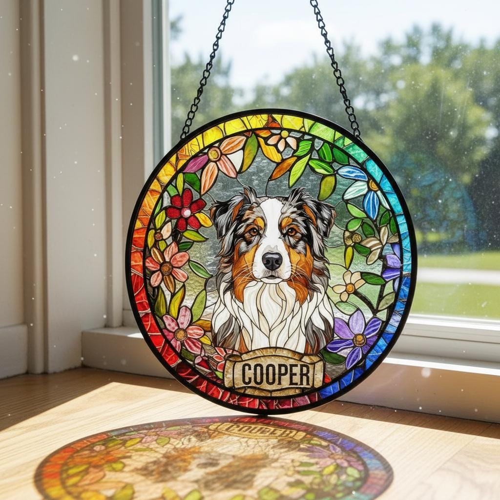Personalized Australian Shepherd dog  Stained Glass Suncatcher, Custom pet Gift, Dog Cat Remembrance Keepsake, Rainbow Bridge Window Decor - image 3