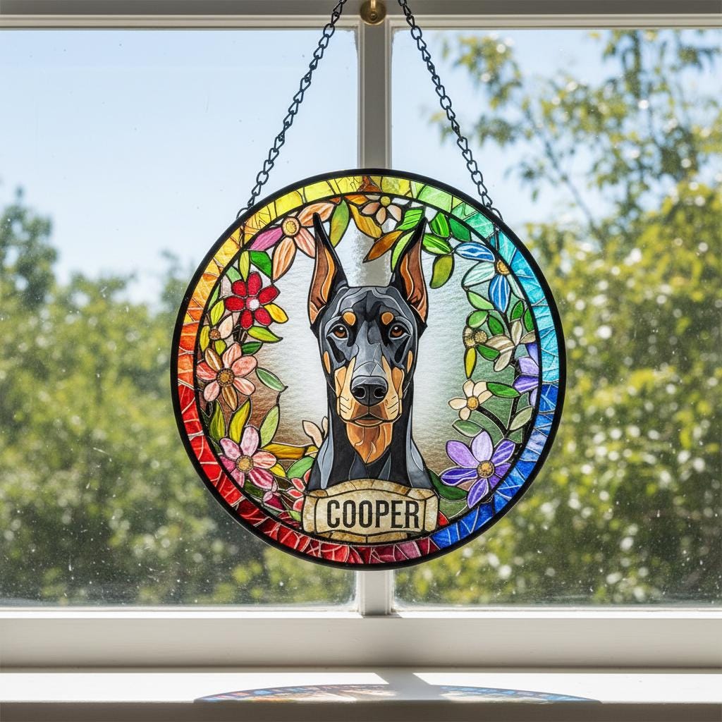 Personalized Doberman Pinscher dog  Stained Glass Suncatcher, Custom pet Gift, Dog Cat Remembrance Keepsake, Rainbow Bridge Window Decor - image 2