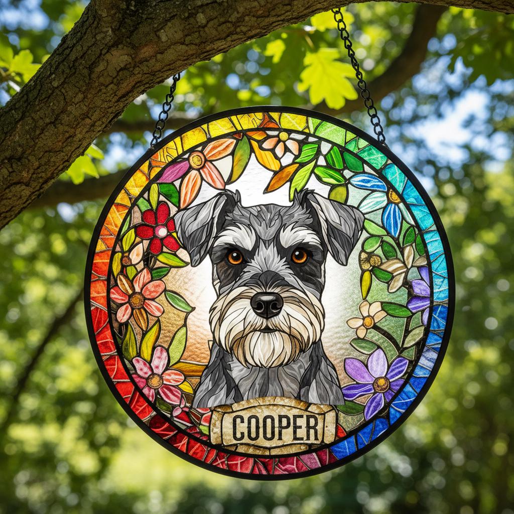 Personalized Miniature Schnauzer  dog  Stained Glass Suncatcher, Custom pet Gift, Dog Cat Remembrance Keepsake, Rainbow Bridge Window Decor