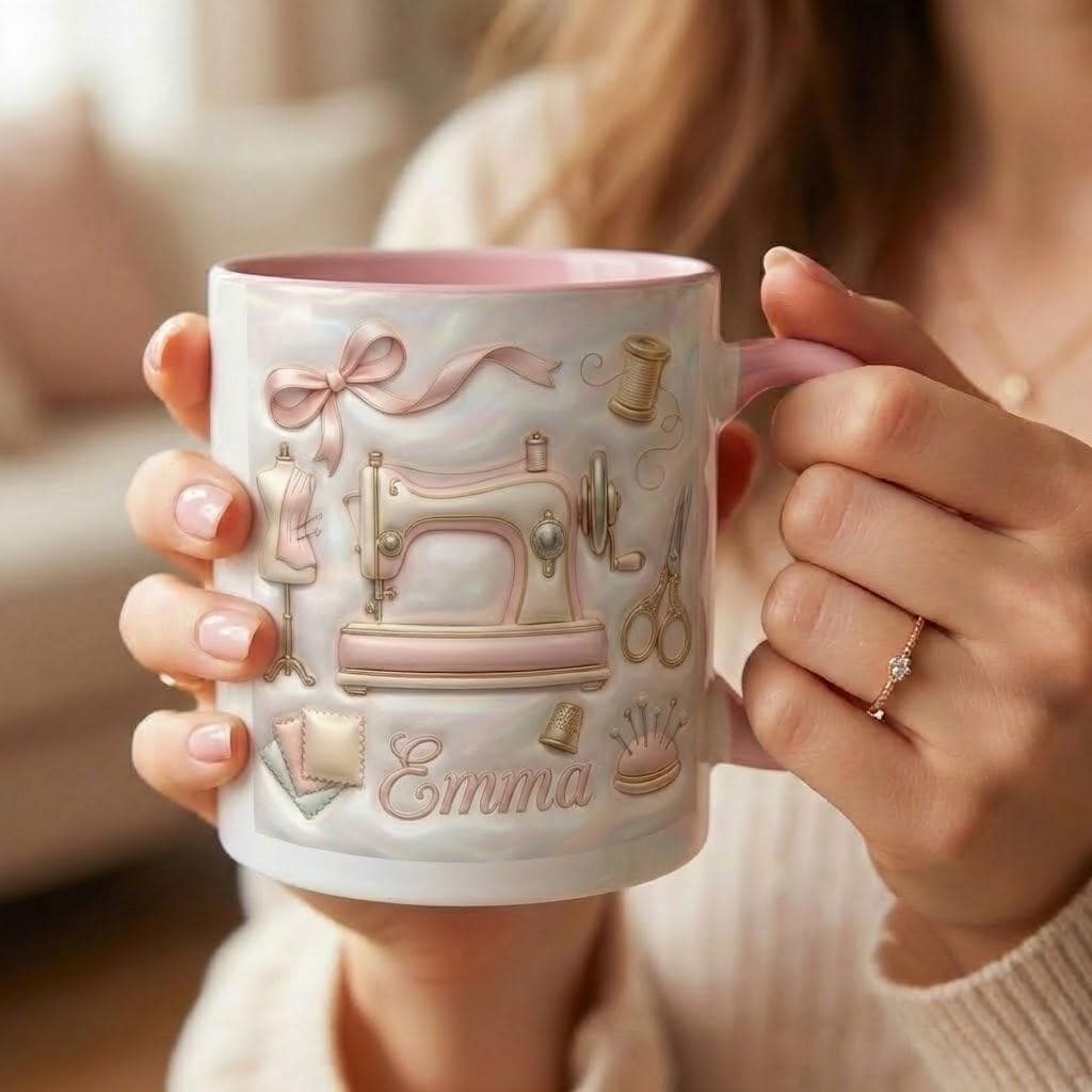 Custom Name Sewing Machine Mug, Faux 3D Effect Custom Craft Coffee Mug, Cute Sewing Lover Gift - image 2