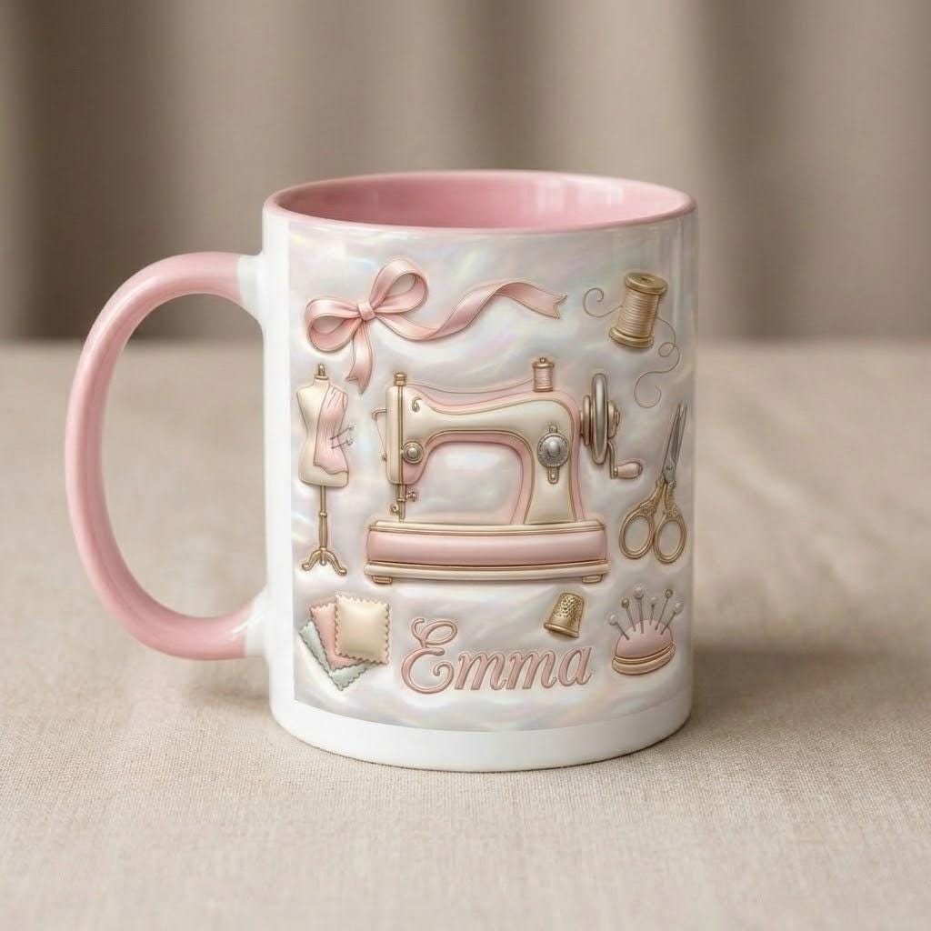 Custom Name Sewing Machine Mug, Faux 3D Effect Custom Craft Coffee Mug, Cute Sewing Lover Gift