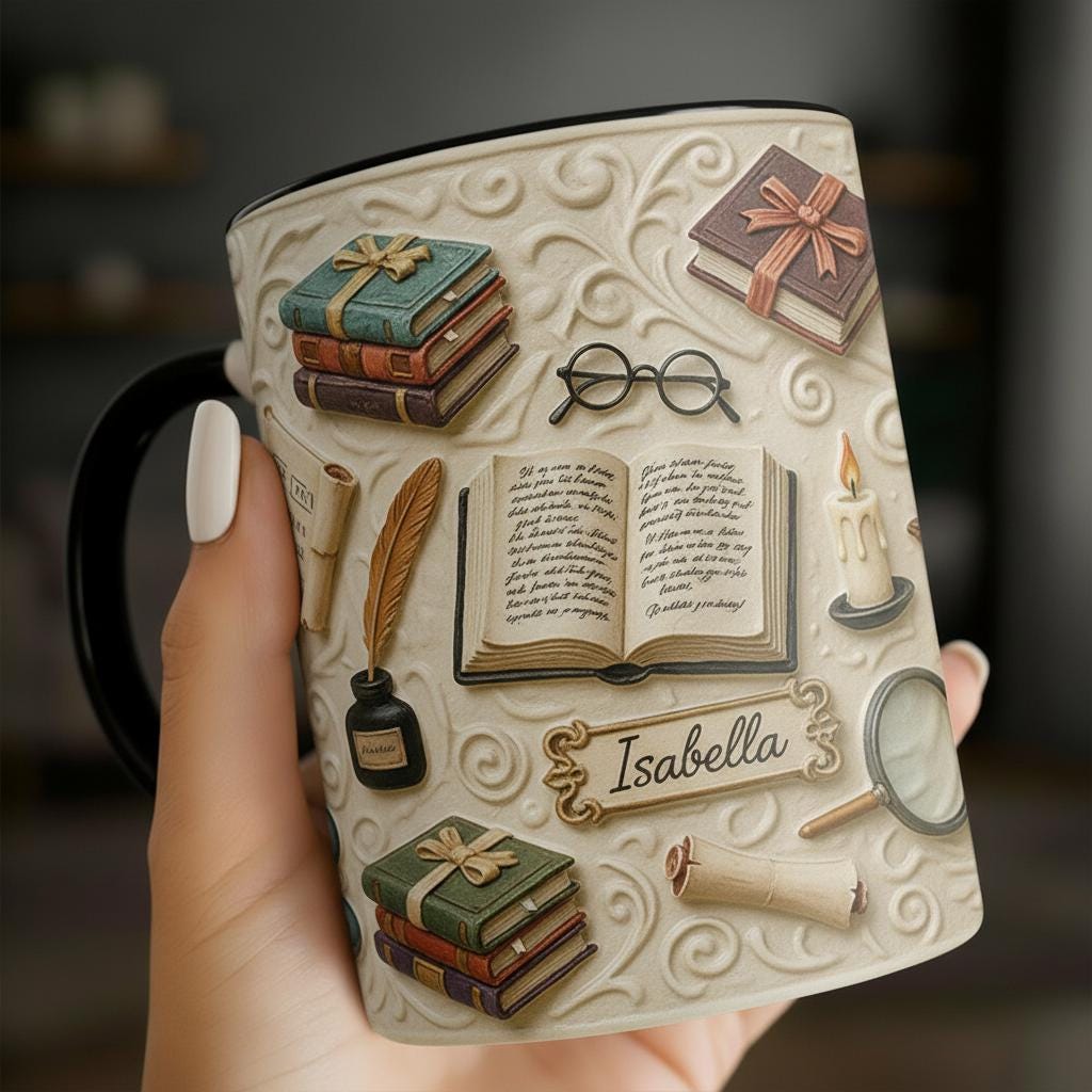 Personalized Book Mug, Custom Name Bookish Bookworm Coffee Cup, Gift for Reading Lover Cups