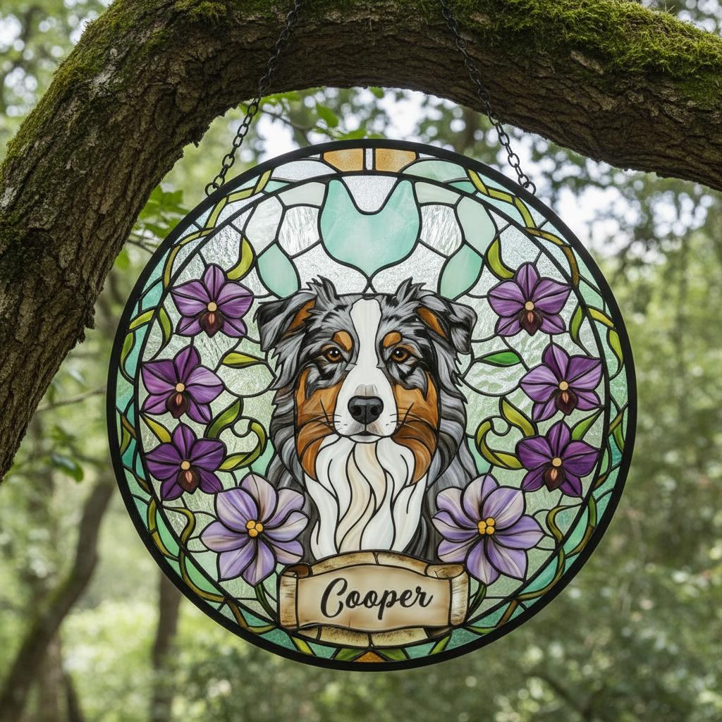 Custom Australian Shepherd Dog Portrait Stained Glass Suncatcher, Personalized Pet Memorial Photo Suncatcher,Dog Loss Keepsake,Pet Loss Gift - image 3