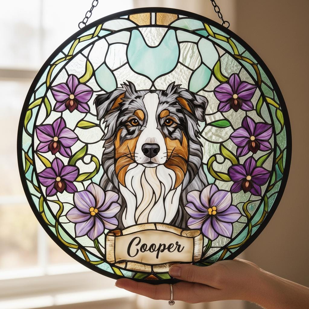 Custom Australian Shepherd Dog Portrait Stained Glass Suncatcher, Personalized Pet Memorial Photo Suncatcher,Dog Loss Keepsake,Pet Loss Gift