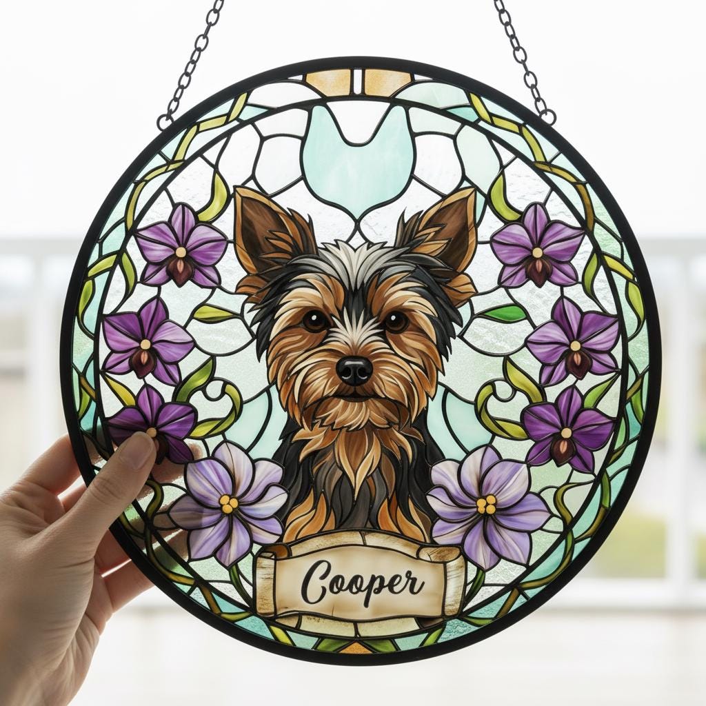 Custom Yorkshire Terrier Dog Portrait Stained Glass Suncatcher, Personalized Pet Memorial Photo Suncatcher, Dog Loss Keepsake,Pet Loss Gift