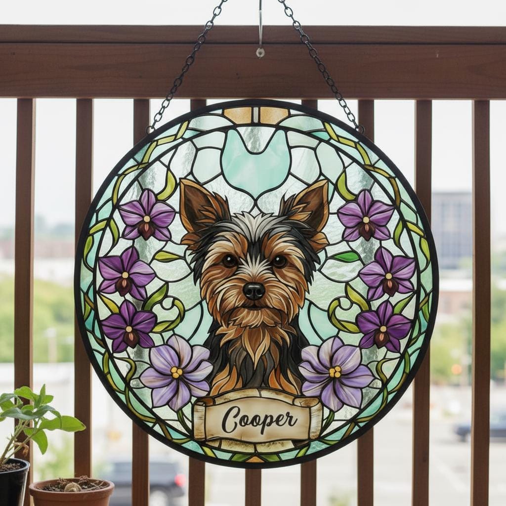 Custom Yorkshire Terrier Dog Portrait Stained Glass Suncatcher, Personalized Pet Memorial Photo Suncatcher, Dog Loss Keepsake,Pet Loss Gift - image 2