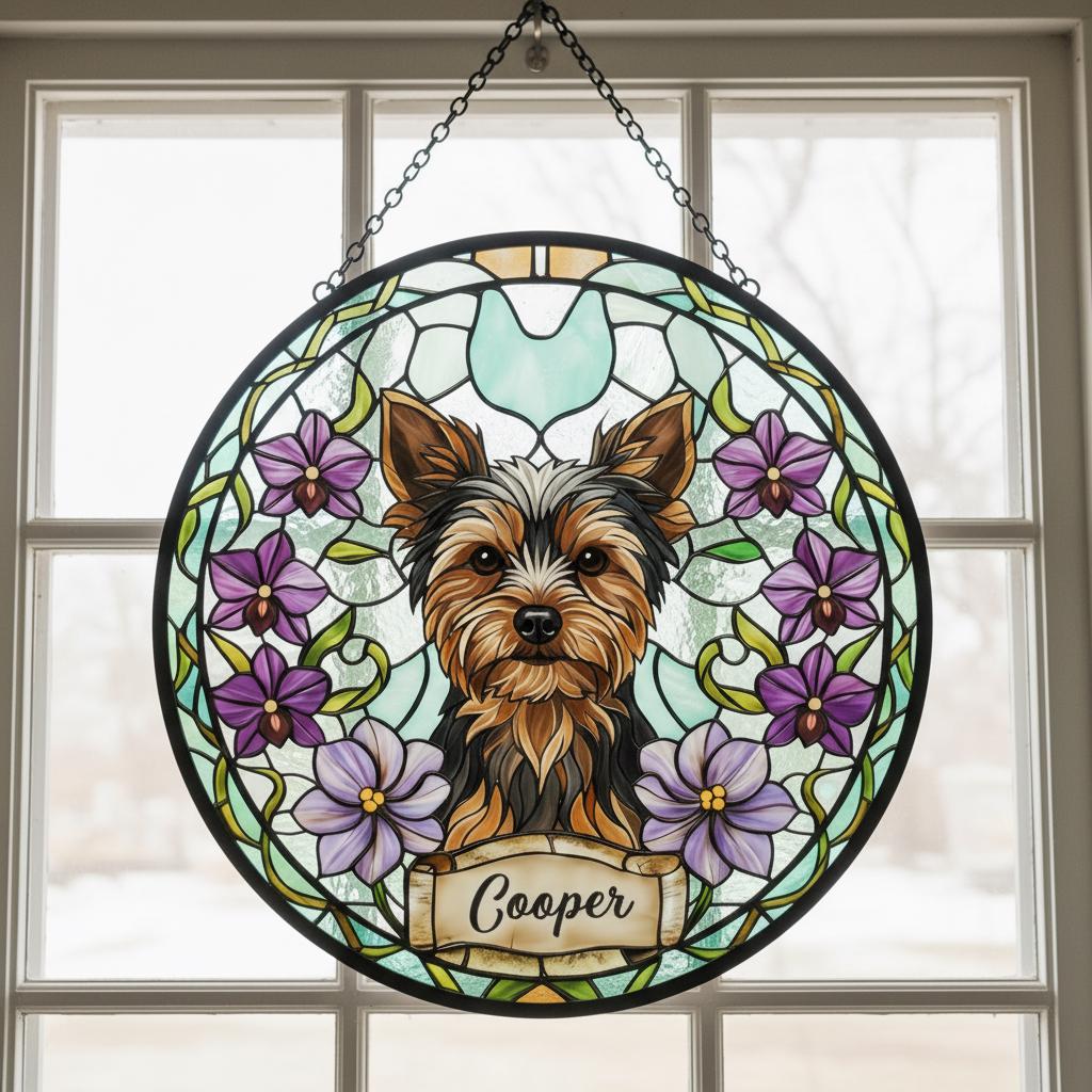 Custom Yorkshire Terrier Dog Portrait Stained Glass Suncatcher, Personalized Pet Memorial Photo Suncatcher, Dog Loss Keepsake,Pet Loss Gift - image 3