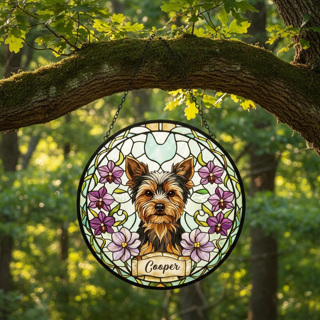 Custom Yorkshire Terrier Dog Portrait Stained Glass Suncatcher, Personalized Pet Memorial Photo Suncatcher, Dog Loss Keepsake,Pet Loss Gift - image 4