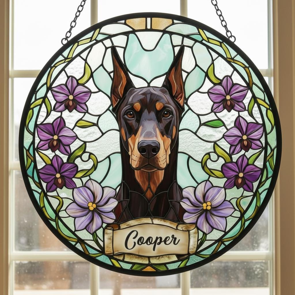 Custom Doberman Pinscher Dog Portrait Stained Glass Suncatcher, Personalized Pet Memorial Photo Suncatcher, Dog Loss Keepsake,Pet Loss Gift