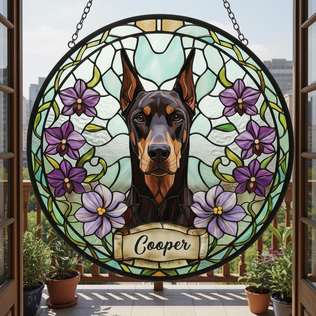 Custom Doberman Pinscher Dog Portrait Stained Glass Suncatcher, Personalized Pet Memorial Photo Suncatcher, Dog Loss Keepsake,Pet Loss Gift - image 2