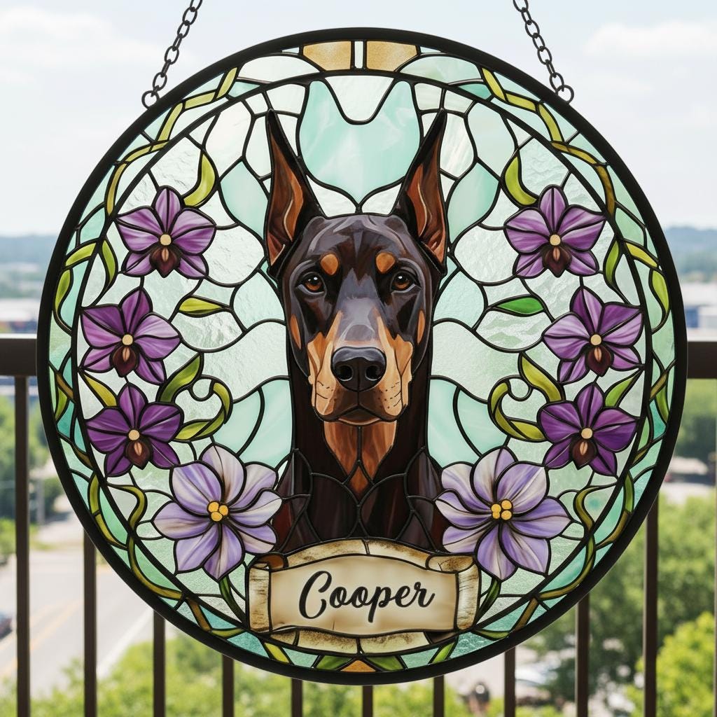 Custom Doberman Pinscher Dog Portrait Stained Glass Suncatcher, Personalized Pet Memorial Photo Suncatcher, Dog Loss Keepsake,Pet Loss Gift - image 5
