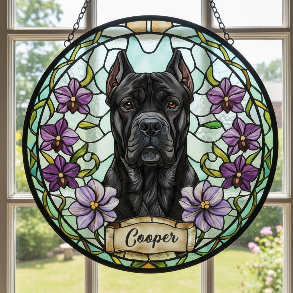Custom Cane Corso  Dog Portrait Stained Glass Suncatcher,Personalized Pet Memorial Photo Suncatcher, Dog Loss Keepsake,Pet Loss Gift