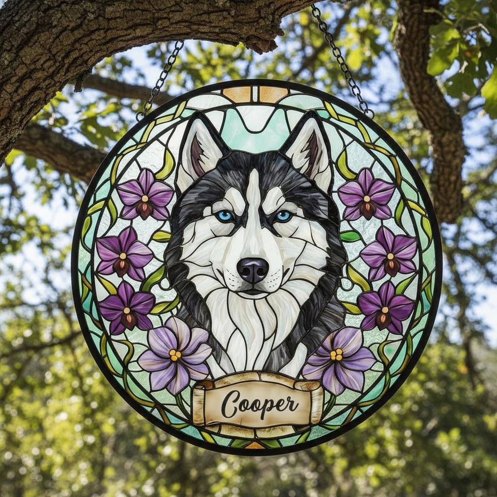 Custom Siberian Husky  Dog Portrait Stained Glass Suncatcher,Personalized Pet Memorial Photo Suncatcher, Dog Loss Keepsake,Pet Loss Gift - image 3