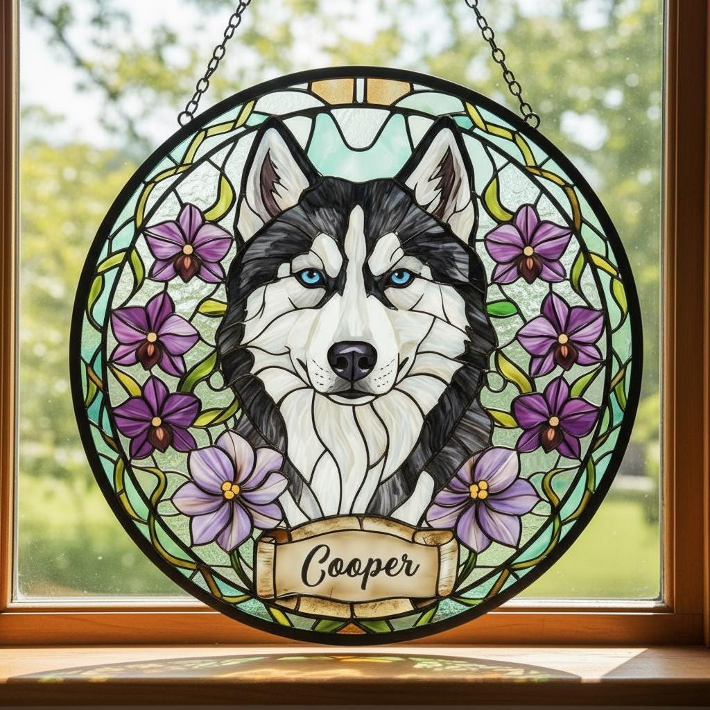 Custom Siberian Husky  Dog Portrait Stained Glass Suncatcher,Personalized Pet Memorial Photo Suncatcher, Dog Loss Keepsake,Pet Loss Gift - image 2