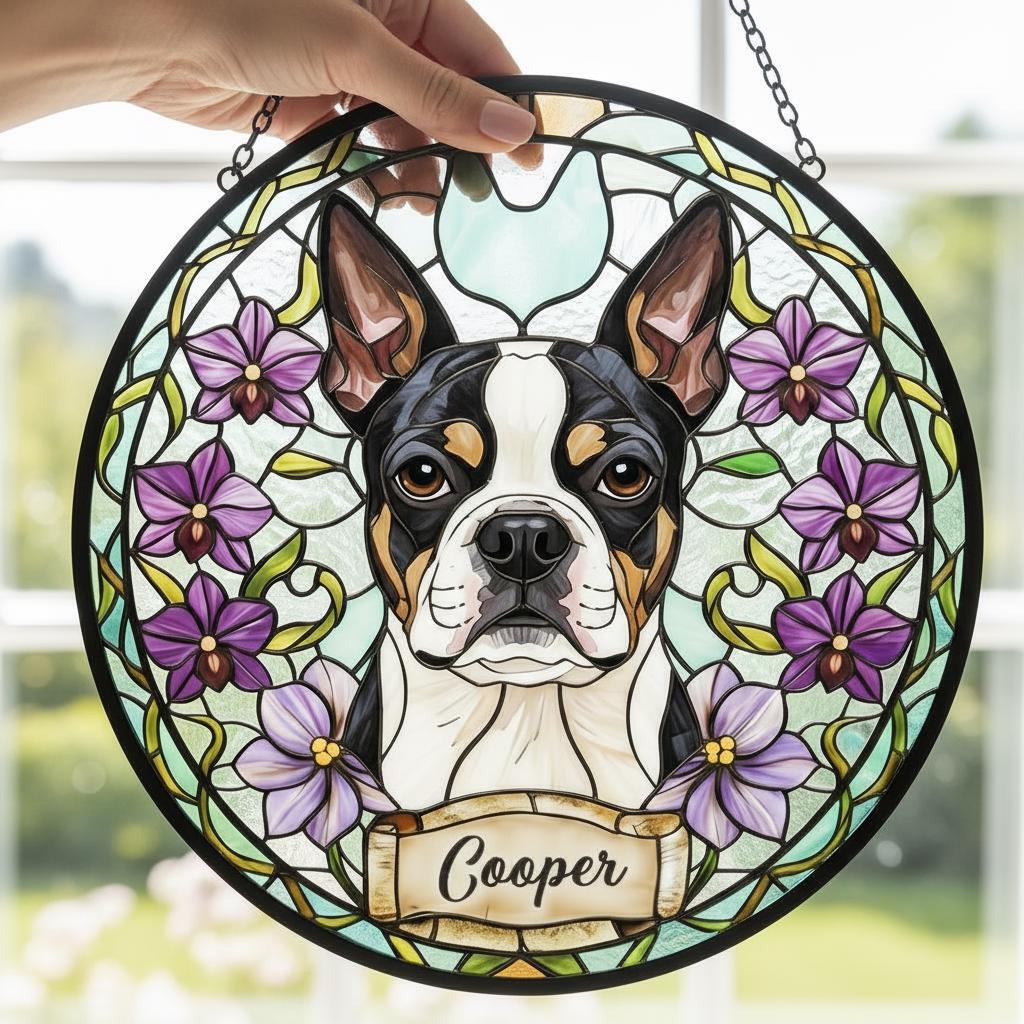 Custom Boston Terrier  Dog Portrait Stained Glass Suncatcher,Personalized Pet Memorial Photo Suncatcher, Dog Loss Keepsake,Pet Loss Gift - image 2
