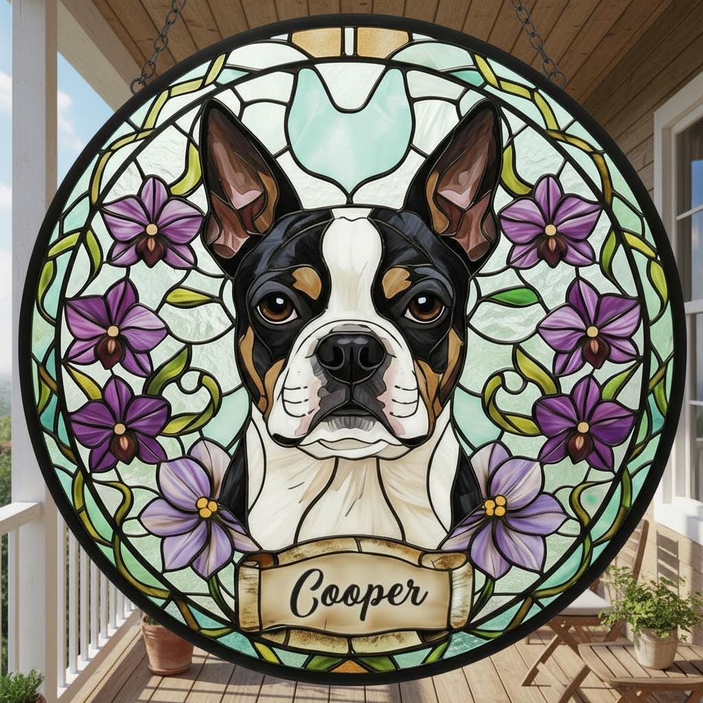 Custom Boston Terrier  Dog Portrait Stained Glass Suncatcher,Personalized Pet Memorial Photo Suncatcher, Dog Loss Keepsake,Pet Loss Gift - image 3