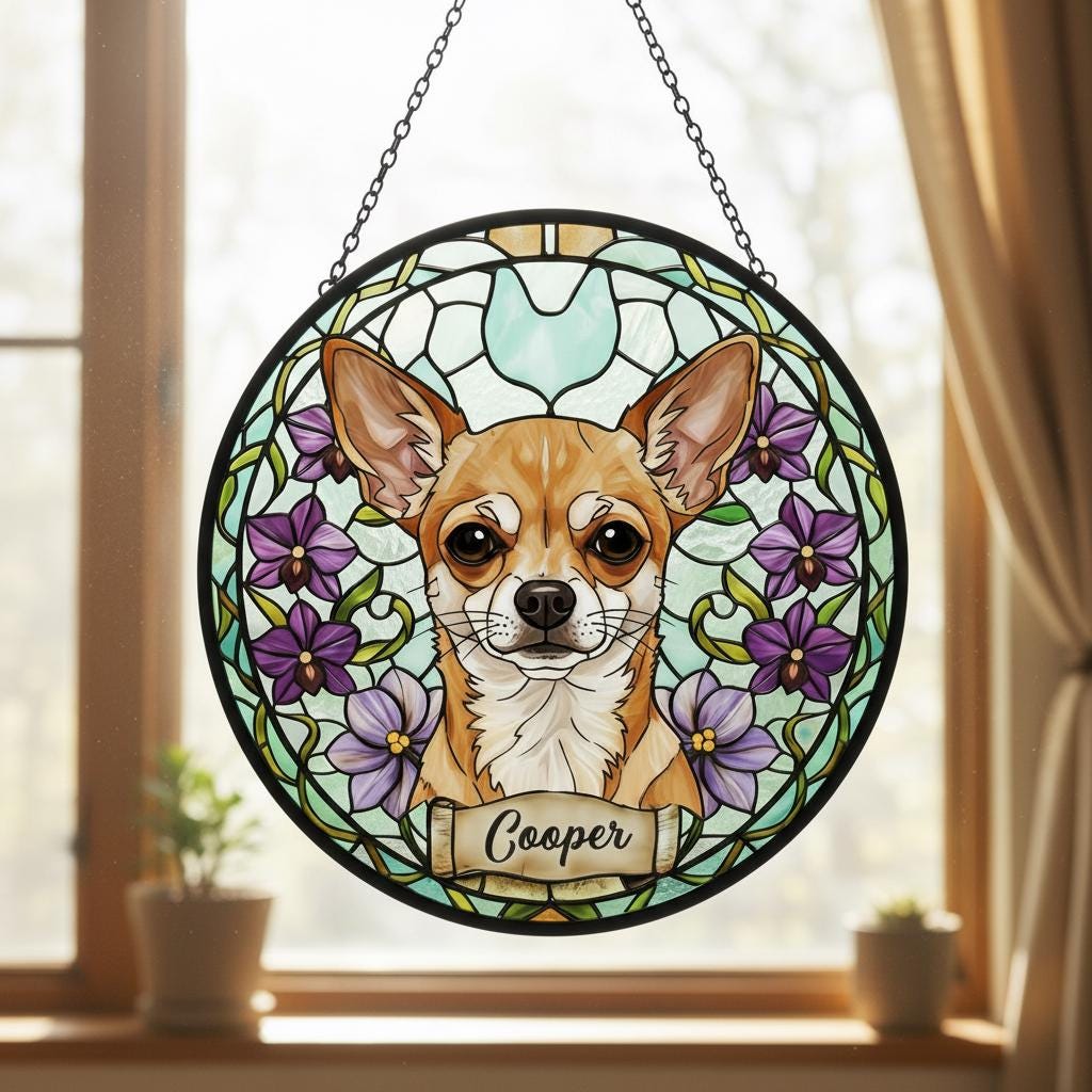 Custom Chihuahua  Dog Portrait Stained Glass Suncatcher, Personalized Pet Memorial Photo Suncatcher, Dog Loss Keepsake, Pet Loss Gift - image 5