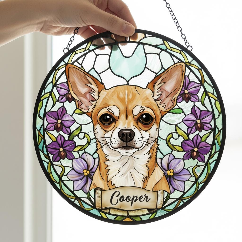 Custom Chihuahua  Dog Portrait Stained Glass Suncatcher, Personalized Pet Memorial Photo Suncatcher, Dog Loss Keepsake, Pet Loss Gift - image 4