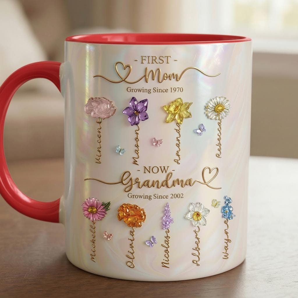 Personalized Mom Grandma Flowers Mug, Mother's Day Gifts, Grandmas Garden, Faux Crystal 3D Effect - image 2