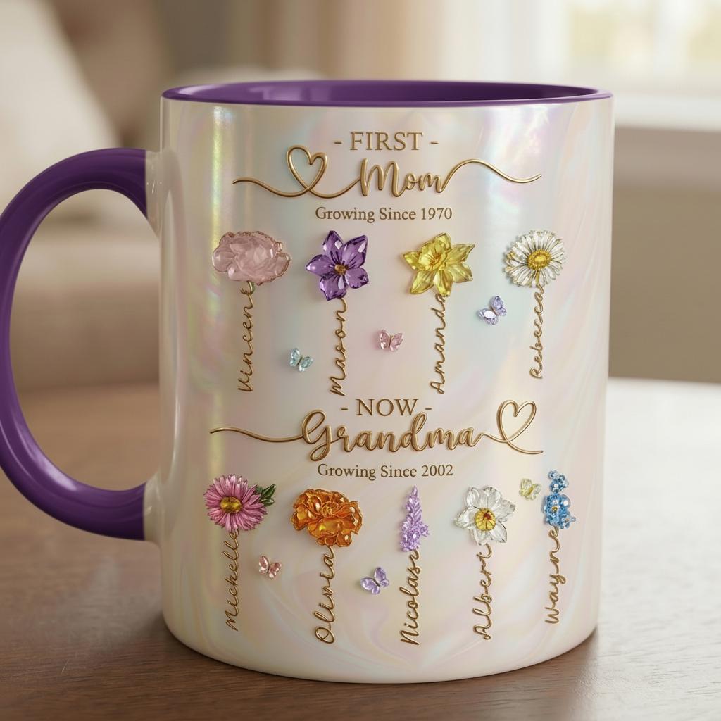 Personalized Mom Grandma Flowers Mug, Mother's Day Gifts, Grandmas Garden, Faux Crystal 3D Effect - image 3