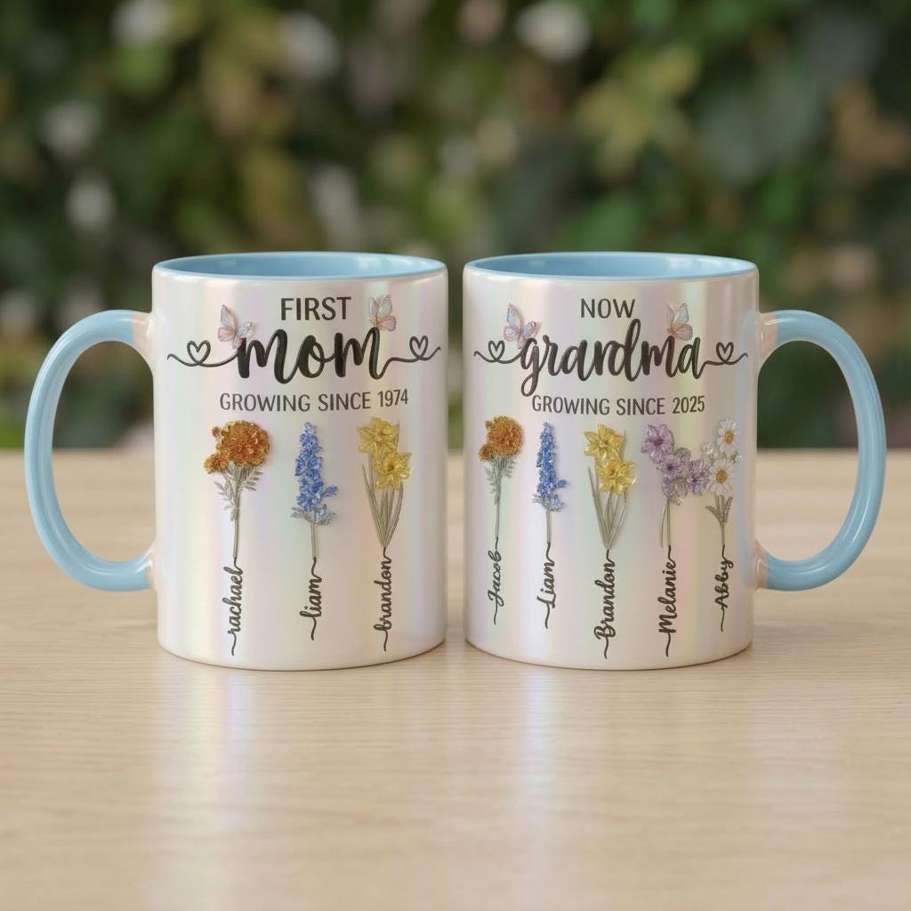 Custom Name Mom Grandma Flowers Mug, Mother's Day Gifts, Grandmas Garden, Faux Crystal 3D Effect - image 5