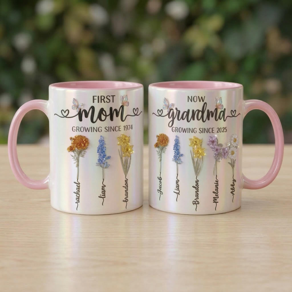 Custom Name Mom Grandma Flowers Mug, Mother's Day Gifts, Grandmas Garden, Faux Crystal 3D Effect