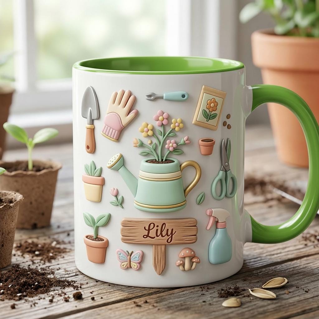 Personalized Gardening Accent Mug, Gift for Mom Grandma, Faux 3D Effect Mug