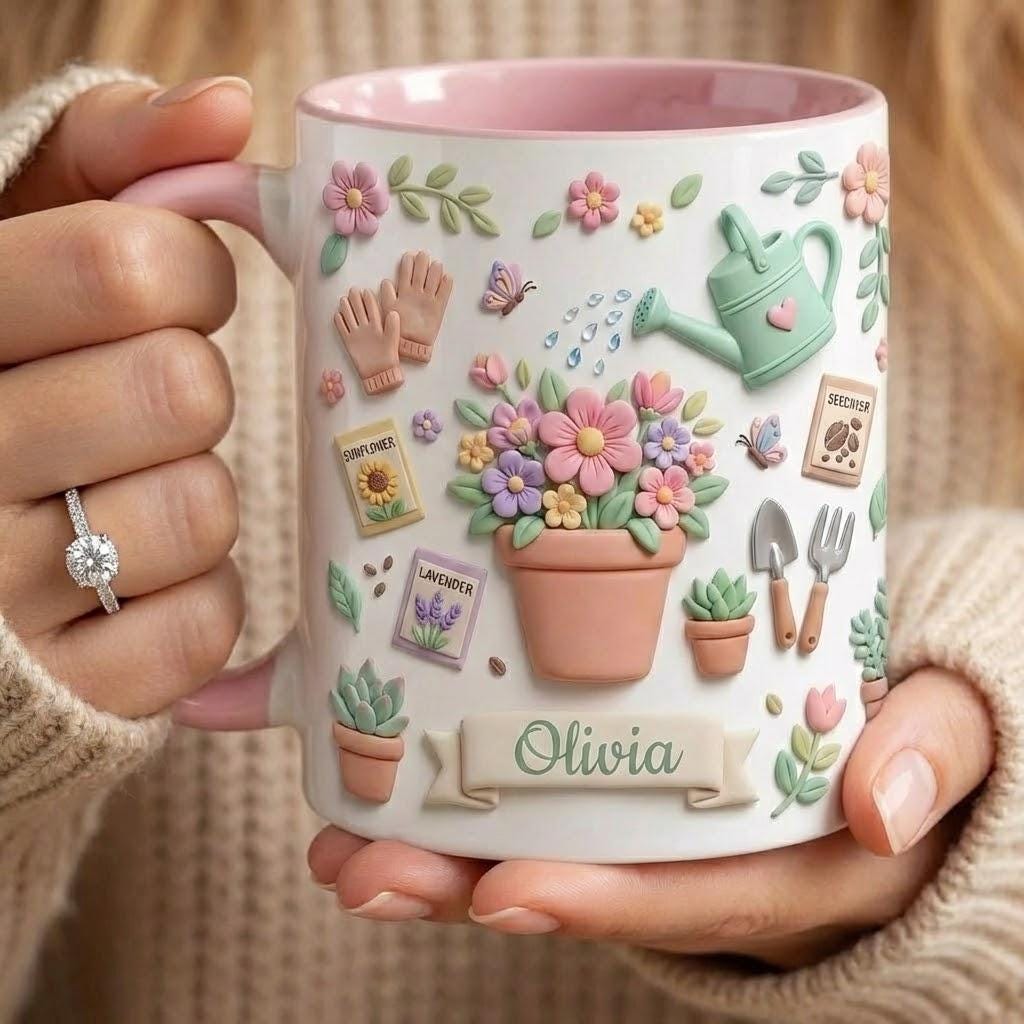 Personalized Gardening Mug, Faux 3D Effect Mug, Gardening Gift for Mom Grandma