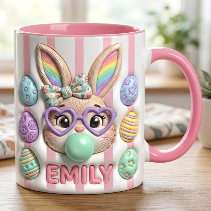 Personalized Bunny Easter Mug, Custom Name Easter Eggs Coffee Mugs, Cute Rabbit Easter Day Cup