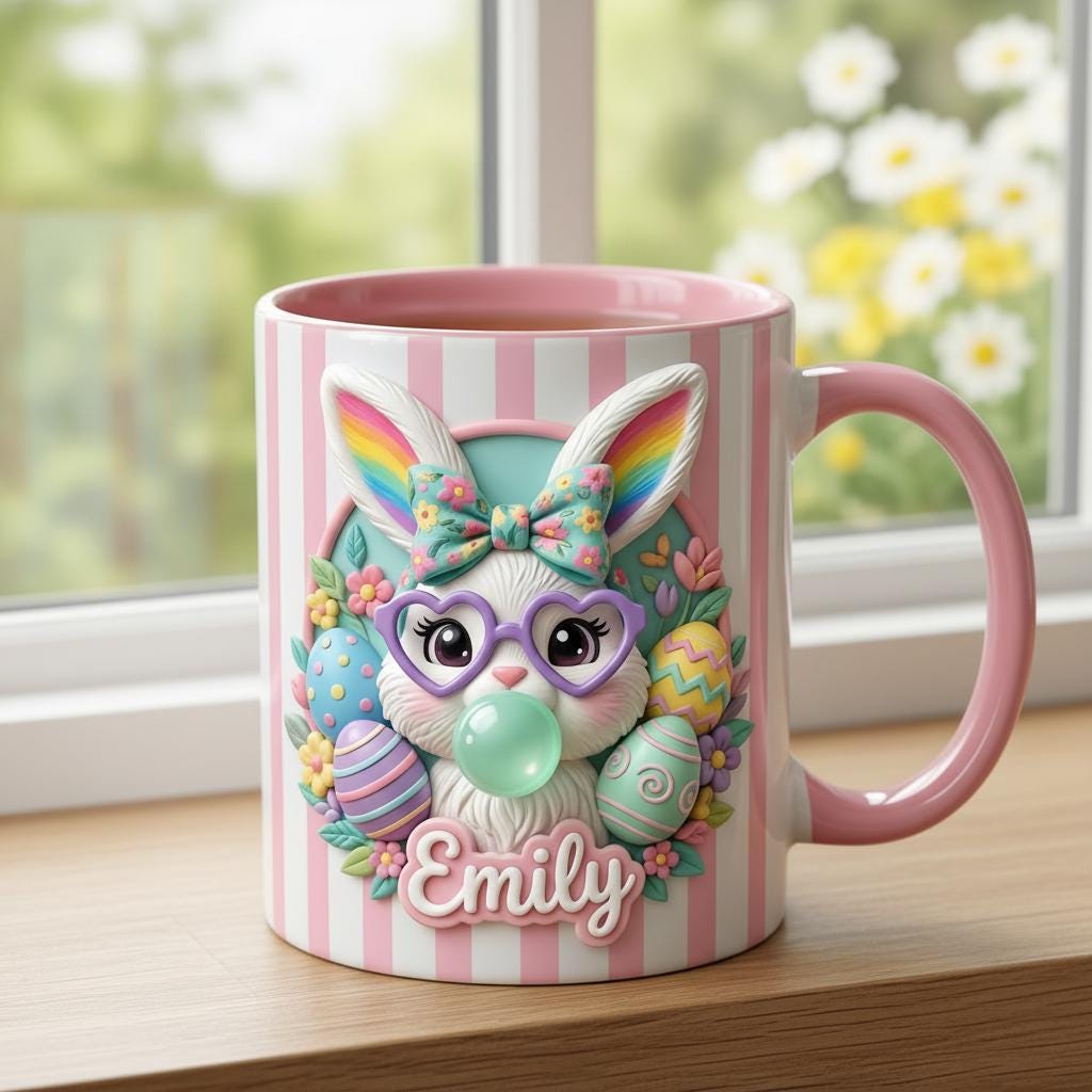 Personalized Bunny Easter Mug, Custom Name Floral Easter Eggs Coffee Mugs, Cute Rabbit Easter Day Cup - image 3