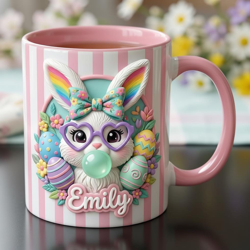 Personalized Bunny Easter Mug, Custom Name Floral Easter Eggs Coffee Mugs, Cute Rabbit Easter Day Cup - image 2