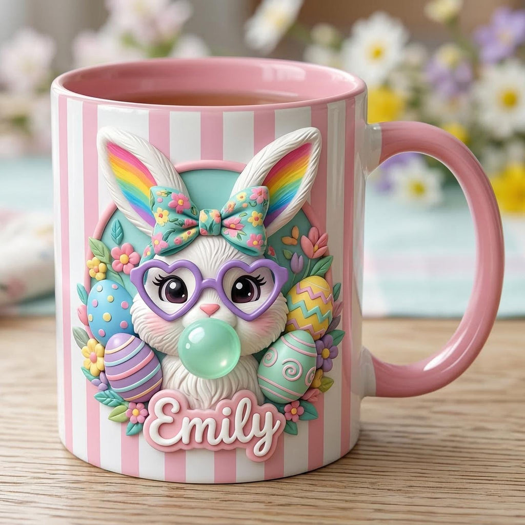 Personalized Bunny Easter Mug, Custom Name Floral Easter Eggs Coffee Mugs, Cute Rabbit Easter Day Cup