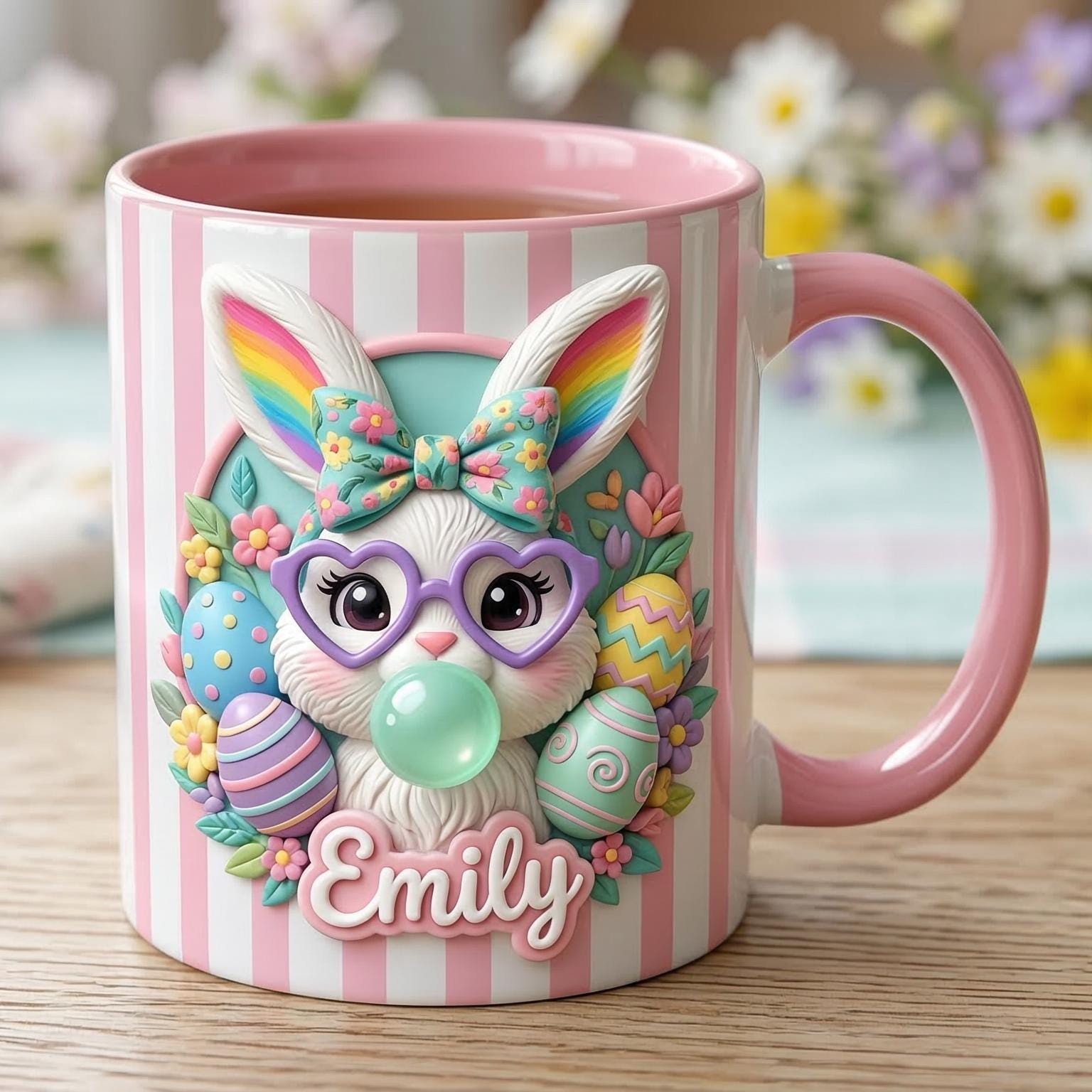 Personalized Bunny Easter Mug, Custom Name Floral Easter Eggs Coffee Mugs, Cute Rabbit Easter Day Cup